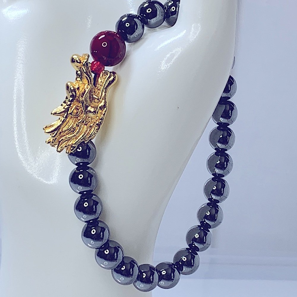 BLACK HEMATITE + DRAGON HEAD NATURAL BRACELET Size 7” UNISEX
